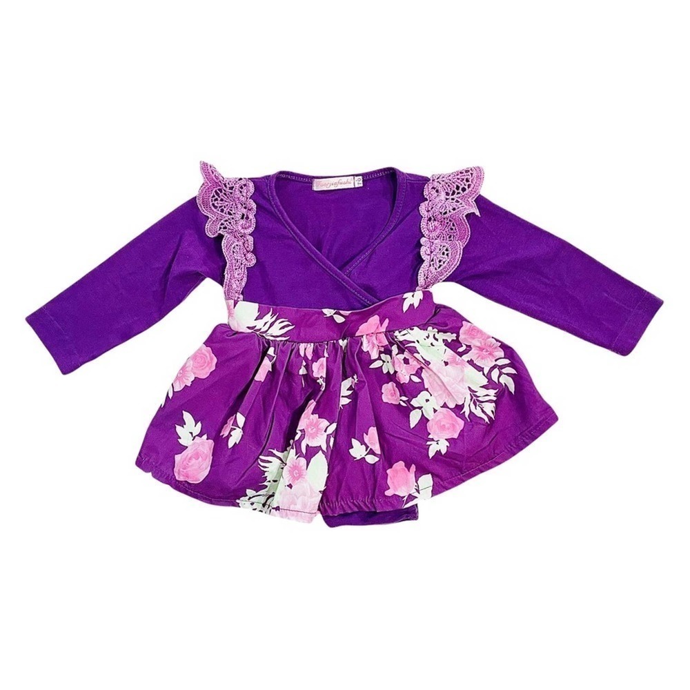 Floral Long Sleeve Baby Girl Dress Purple Boutique Snap Buttons